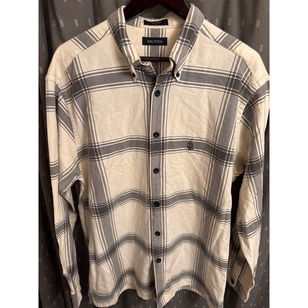 Nautica Mens Large L Plaid Button Down Shirt Long Sleeve Cotton Cream Grey Logo